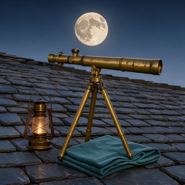 On a slate rooftop, exactly one brass telescope points east; one amber lantern sits to its left, one folded teal blanket lies beneath the tripod, and one pale moon hangs behind it in the clear sky, nothing else. — Model 2
