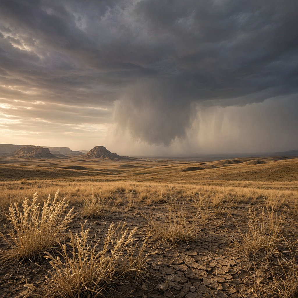 Across a tawny prairie basin, a rotating thunderstorm gathers in the late afternoon beneath bruised clouds, rain veiling distant buttes; seed heads and cracked earth in the foreground contrast with ridges softened by the advancing downpour. — Grok Imagine Image 2