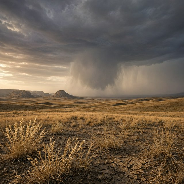 Across a tawny prairie basin, a rotating thunderstorm gathers in the late afternoon beneath bruised clouds, rain veiling distant buttes; seed heads and cracked earth in the foreground contrast with ridges softened by the advancing downpour. — Grok Imagine Image 2