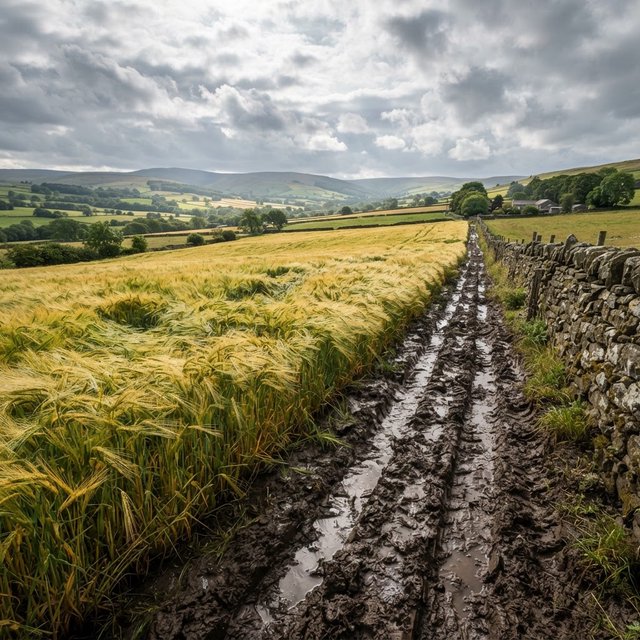Golden barley fields ripple beneath a vast sky as a cool morning breeze follows overnight showers; muddy tractor furrows glisten in the foreground, guiding the eye past a weathered stone boundary toward low hills under broken clouds. — Model 16
