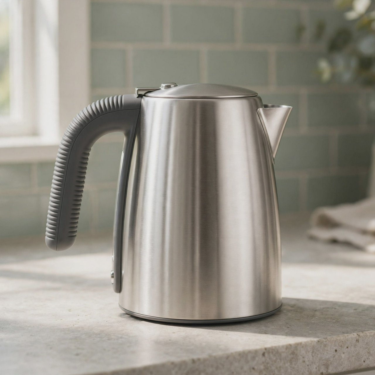 Morning daylight spills across a kitchen counter, revealing an unbranded electric kettle in satin stainless steel with a ribbed heat-resistant polymer handle. It sits on honed limestone against a muted sage backsplash, with window light and white bounce fill; commercial product image, no lettering. — Muse Image 1.0