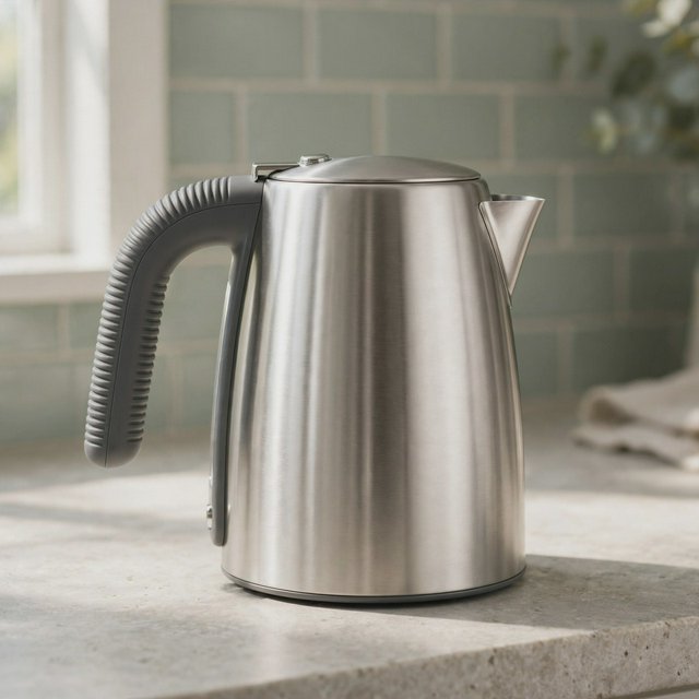 Morning daylight spills across a kitchen counter, revealing an unbranded electric kettle in satin stainless steel with a ribbed heat-resistant polymer handle. It sits on honed limestone against a muted sage backsplash, with window light and white bounce fill; commercial product image, no lettering. — Muse Image 1.0