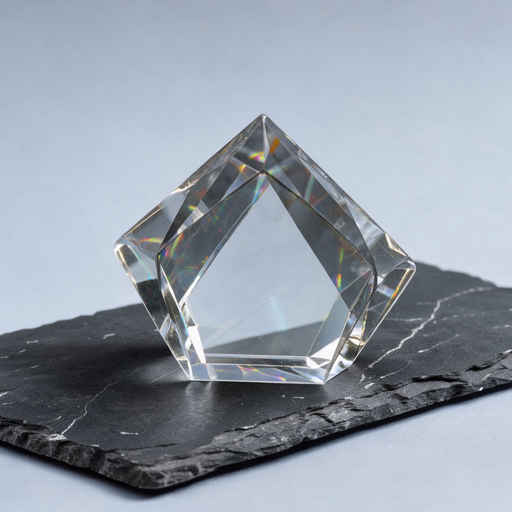 An unbranded, unmarked faceted optical-glass paperweight rests on charcoal slate against a pale blue-gray background; broad diffused studio light and a narrow side highlight reveal crisp internal refractions and bright edge reflections. — FLUX 3 Image Klein