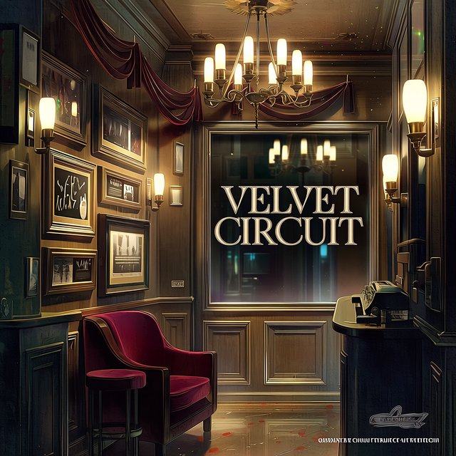 A narrow neighborhood cinema lobby glows with amber sconces, velvet ropes, and framed film stills; "VELVET CIRCUIT" is etched in elegant silver lettering across the frosted glass ticket-booth window. — Midjourney Niji 7