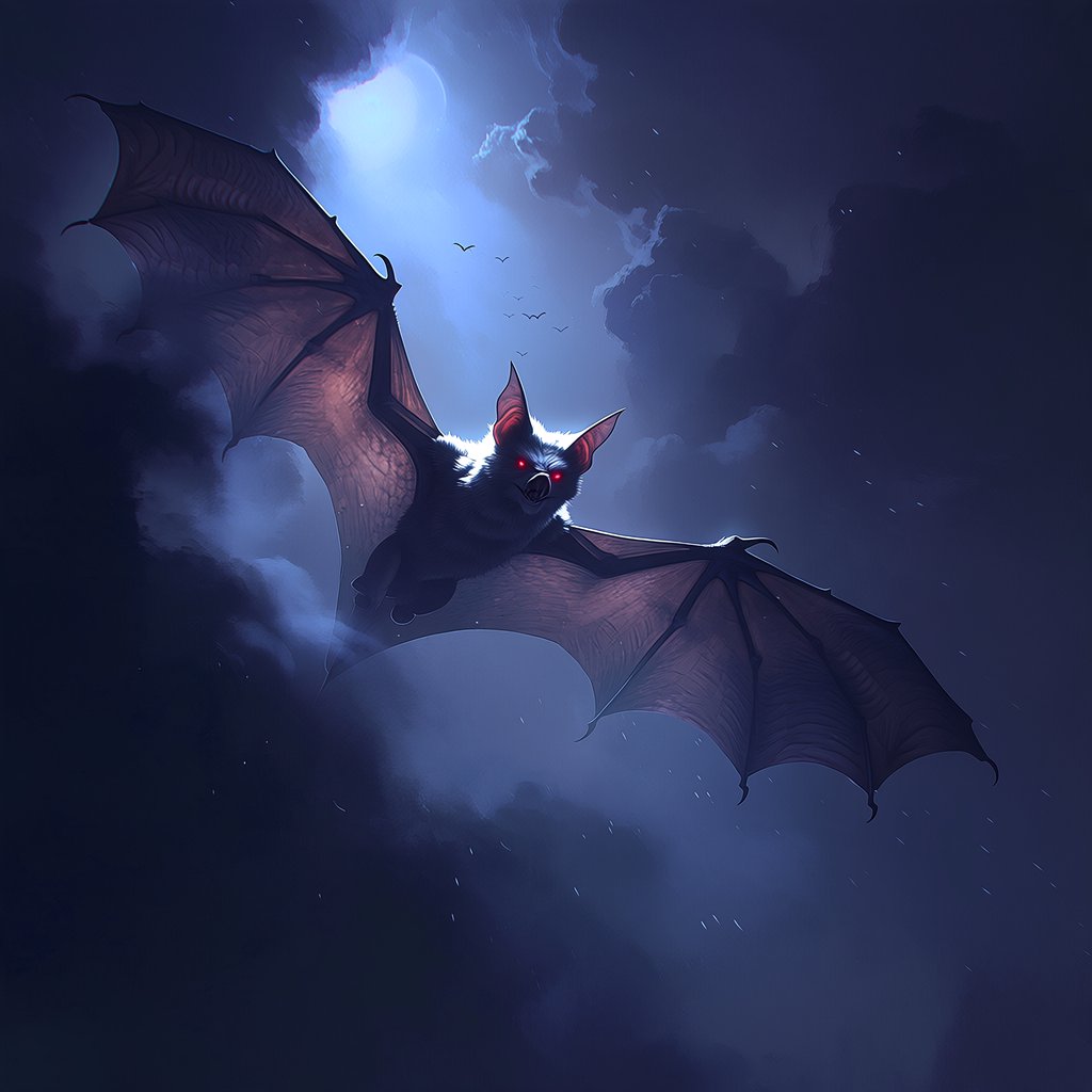 Vampire bat art, volumetric fog, chiaroscuro lighting, subsurface scattering. — Midjourney Niji 7