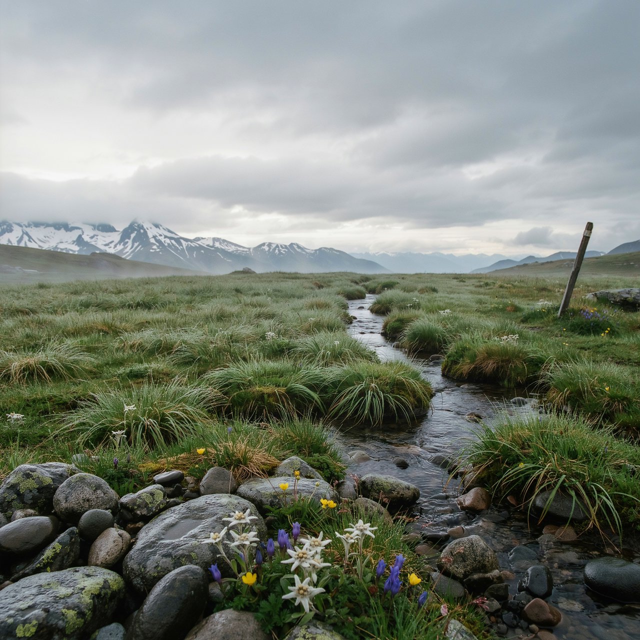 A windswept alpine meadow beneath heavy morning clouds, fresh rain darkening the grasses, a braided stream winding toward distant snowcapped peaks, tiny wildflowers and wet stones sharpening the foreground texture and layered depth. — Ideogram v4