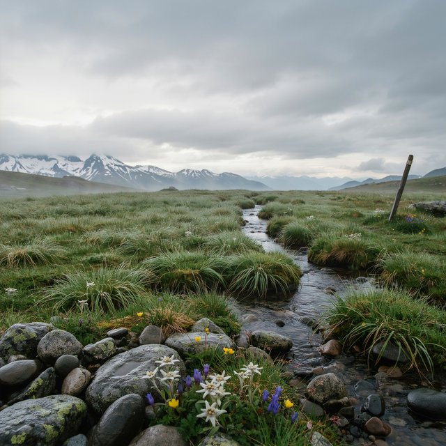 A windswept alpine meadow beneath heavy morning clouds, fresh rain darkening the grasses, a braided stream winding toward distant snowcapped peaks, tiny wildflowers and wet stones sharpening the foreground texture and layered depth. — Ideogram v4