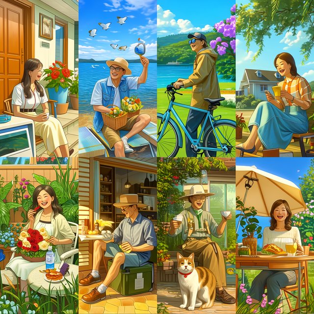 A realistic multi-panel composition with 4–7 panels, each depicting an adult enjoying a wonderful day in a distinct everyday setting. — Midjourney Niji 7
