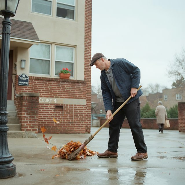 Candid documentary photograph of an adult groundskeeper sweeping damp leaves from an apartment courtyard, pale overcast morning light, 35mm lens with moderate depth of field, a few leaves caught midair in motion blur. — Ideogram v4