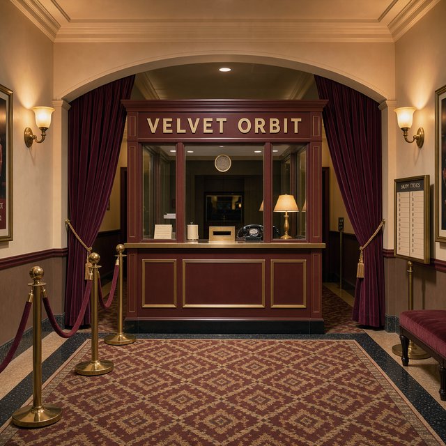 In a restored neighborhood cinema, brass sconces illuminate velvet curtains and a glass ticket booth; "VELVET ORBIT" is painted in ivory block letters across the booth’s burgundy fascia. — FLUX 3 Image