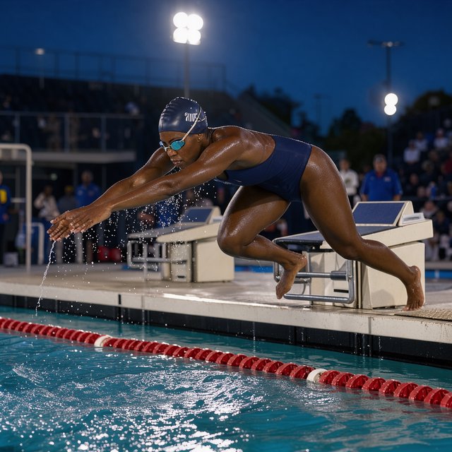 Under the blue-hour floodlights, an adult swimmer drives off the starting block into an outdoor pool. A real-world sports press photo, shot at 200mm with shallow depth of field, captures beads of water suspended around her shoulder. — FLUX 3 Image Klein