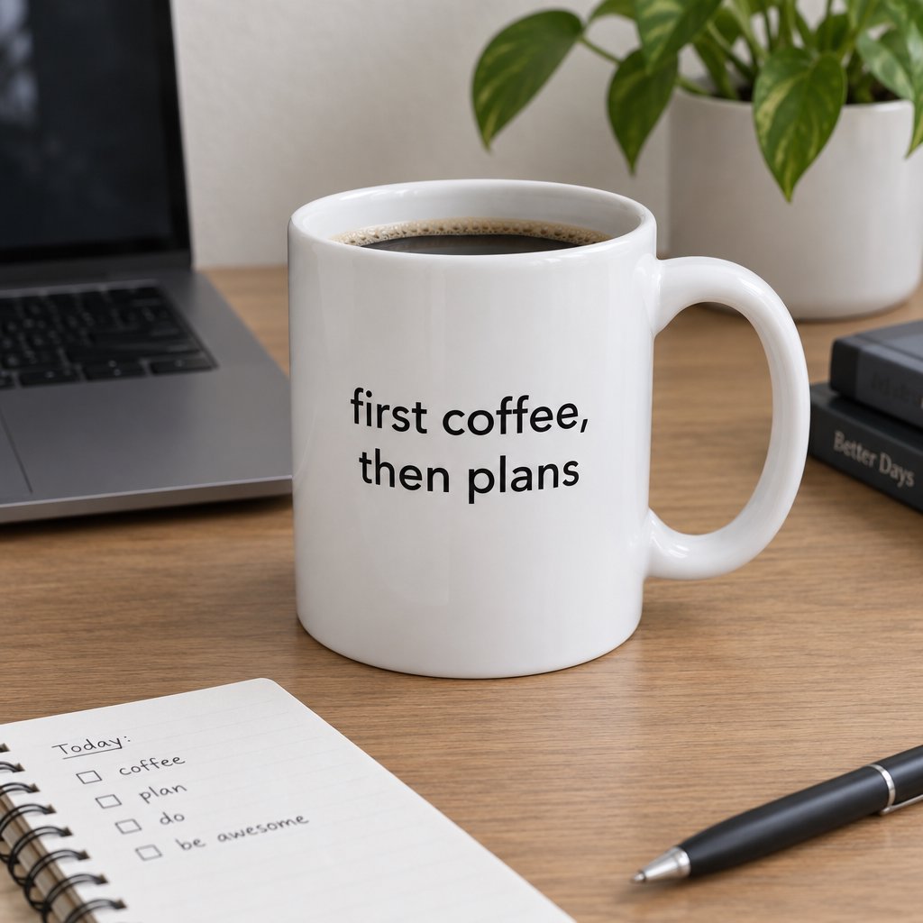 A white ceramic mug on a desk with the words "first coffee, then plans" printed in black lowercase sans-serif. — GPT Image 2.5 Flare