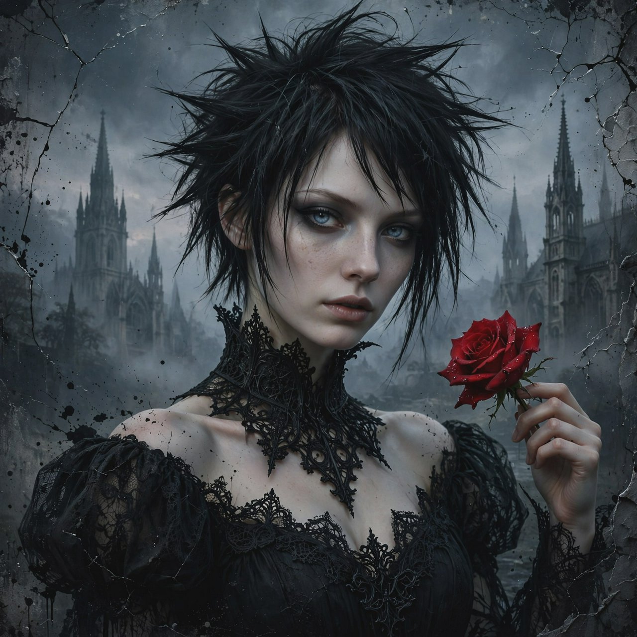 Atmospheric lighting creates soft background gradients through value blending, and surreal dark textures produce cracked surfaces and splatter via organic mark making. The fusion manifests as lace edges, dramatic chiaroscuro, and sharp focal contrast, transforming any subject through meticulous gothic surface modeling. A gothic woman depicted in 2026, with spiky black hair, blue eyes, and pale skin, wearing a black off-shoulder lace dress with a high ornate collar and puffed sleeves, holding a red rose. Close-up at eye level, the woman facing forward with her head slightly tilted, gazing directly at the viewer, holding a red rose in her right hand near her shoulder. Scene set before a gothic cathedral during overcast twilight, with misty atmosphere, featuring tall church spires in the background. — Muse Image 1.0