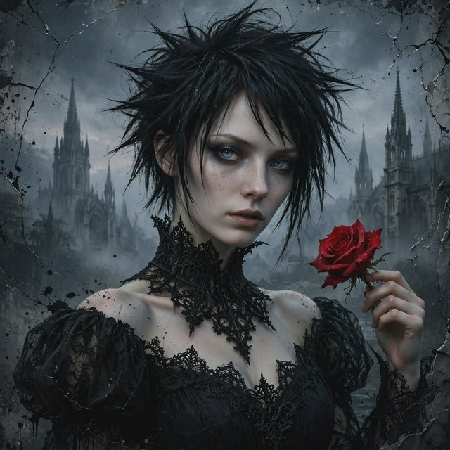 Atmospheric lighting creates soft background gradients through value blending, and surreal dark textures produce cracked surfaces and splatter via organic mark making. The fusion manifests as lace edges, dramatic chiaroscuro, and sharp focal contrast, transforming any subject through meticulous gothic surface modeling. A gothic woman depicted in 2026, with spiky black hair, blue eyes, and pale skin, wearing a black off-shoulder lace dress with a high ornate collar and puffed sleeves, holding a red rose. Close-up at eye level, the woman facing forward with her head slightly tilted, gazing directly at the viewer, holding a red rose in her right hand near her shoulder. Scene set before a gothic cathedral during overcast twilight, with misty atmosphere, featuring tall church spires in the background. — Muse Image 1.0