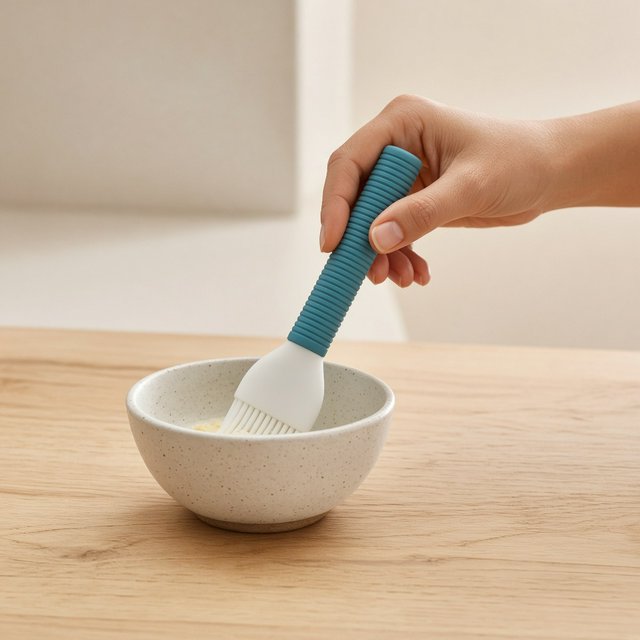 Across a honed maple counter, an adult hand guides an unbranded silicone pastry brush over a ceramic bowl; its ribbed teal handle catches diffused key light and warm bounce against a cream kitchen background, face cropped out, no lettering, commercial product image. — Grok Imagine Image 2