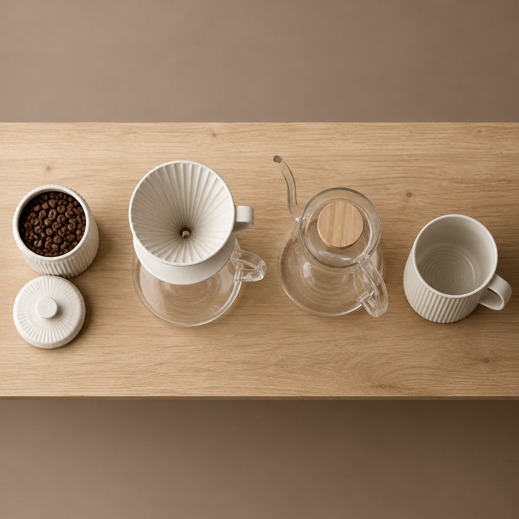 From directly overhead, an unbranded pour-over coffee set with ribbed porcelain and clear borosilicate components arranged in sequence on pale oak; warm taupe background, broad diffused softbox light and gentle side fill shape this commercial product image, no lettering. — GPT Image 2.5 Flare