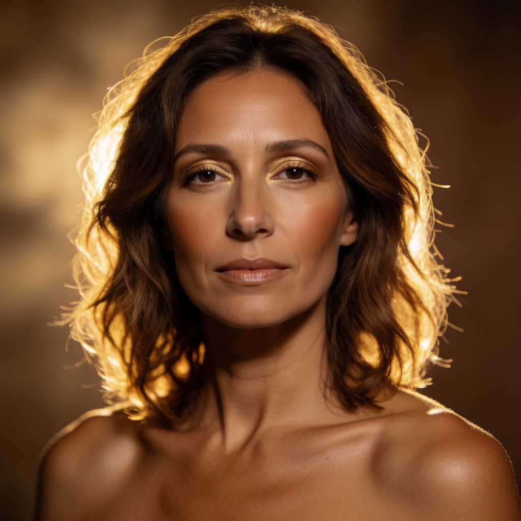 Beauty close-up of an adult woman with bronzed skin and gold eye makeup, bare shoulders, studio backlight halo, high-end campaign look. — Krea 2 Medium