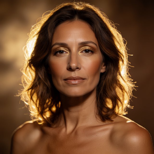 Beauty close-up of an adult woman with bronzed skin and gold eye makeup, bare shoulders, studio backlight halo, high-end campaign look. — Krea 2 Medium