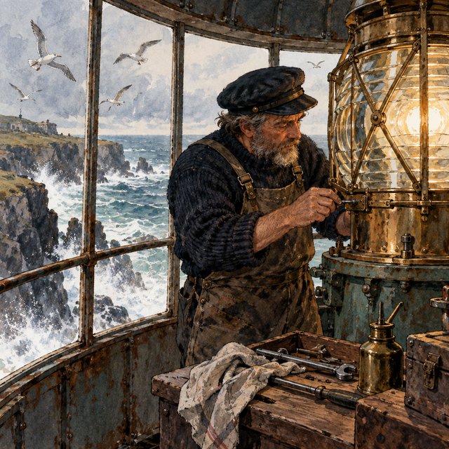 Ink-and-watercolour illustration of an adult lighthouse keeper repairing a brass lantern inside a windswept cliff tower, gulls circling beyond the window and sea spray glowing below. Palette of navy, rust, seafoam, and warm ivory, with expressive linework. — GPT Image 2.5 Sunburst