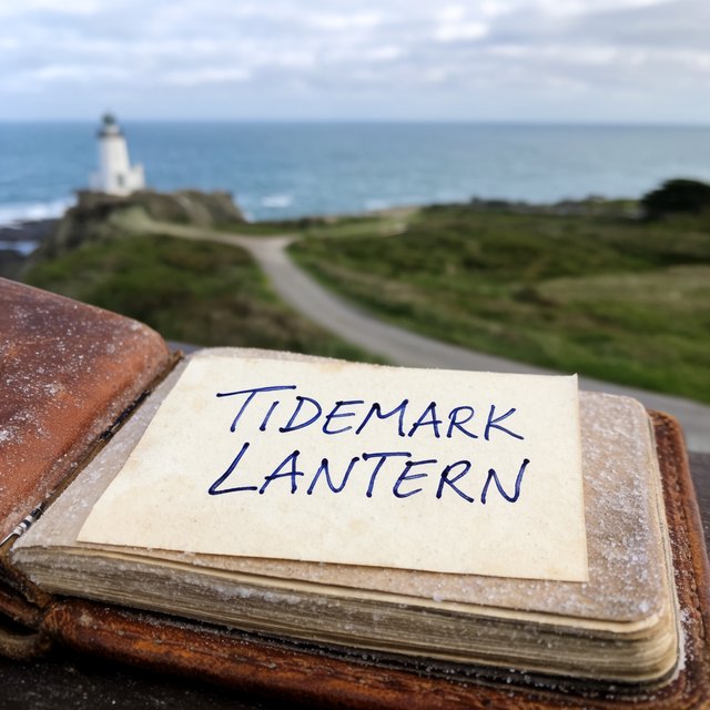 Beside a cliffside lighthouse, a salt-speckled logbook lies open on a chart table; "TIDEMARK LANTERN" is handwritten in looping dark-blue ink across a cream note tucked beneath the compass, with no other legible writing. — Krea 2 Large