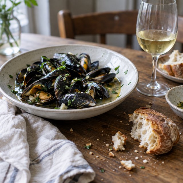 Beside a rumpled linen napkin, an in-progress supper shows a shallow bowl of mussels, torn bread, and a half-full glass on a wooden table. A natural-light dining snapshot, shot at 50mm with shallow depth of field, catches crumbs and glossy broth. — GPT Image 2.5 Flare