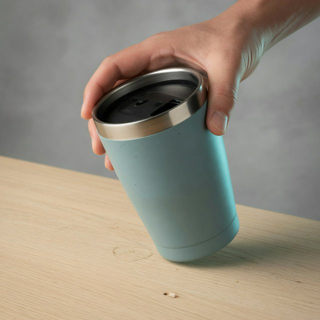 An adult hand lifts an unbranded insulated travel mug, its matte sea-glass polymer body and brushed-steel rim catching softbox highlights above a pale oak counter; warm gray studio backdrop, broad diffused key and cool edge light, no face or lettering. — Grok Imagine Image Quality