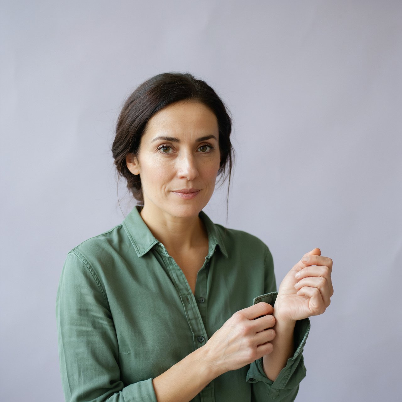 Portrait photograph of an adult woman in her late 30s wearing a moss-green cotton poplin shirt, fingers lightly turning its rolled cuff. Her calm, observant expression faces the camera against a chalky lavender backdrop, lit by soft diffused skylight. — Ideogram v4
