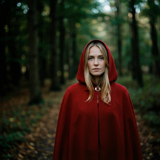 Medium shot at eye level: 1960s vintage film aesthetic. An adult woman with long, blonde hair walks alone through a dark forest. She wears a red hooded cloak, with the hood pulled up and fastened at the neck by a silver buckle. Photorealistic 1960s Technicolor film grain; soft, shallow depth of field. — Ideogram v4.5