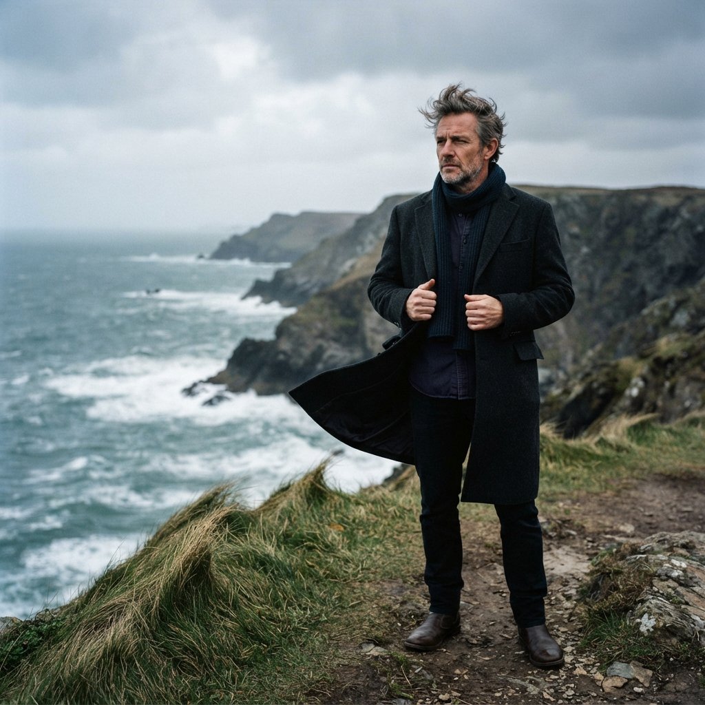 Wind lifts the hem of a charcoal wool coat as an adult man in his late 40s keeps a pensive gaze. The portrait frames him against a windswept coastal bluff beneath cool, cloud-filtered daylight. — Nano Banana 2 Lite