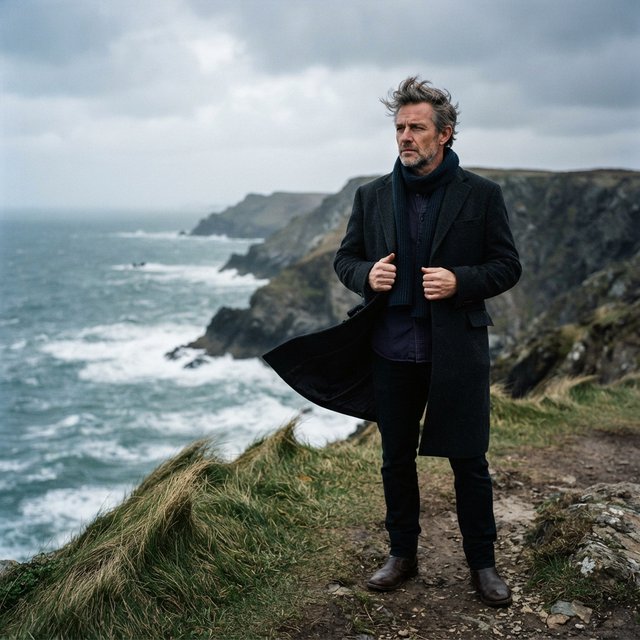Wind lifts the hem of a charcoal wool coat as an adult man in his late 40s keeps a pensive gaze. The portrait frames him against a windswept coastal bluff beneath cool, cloud-filtered daylight. — Nano Banana 2 Lite