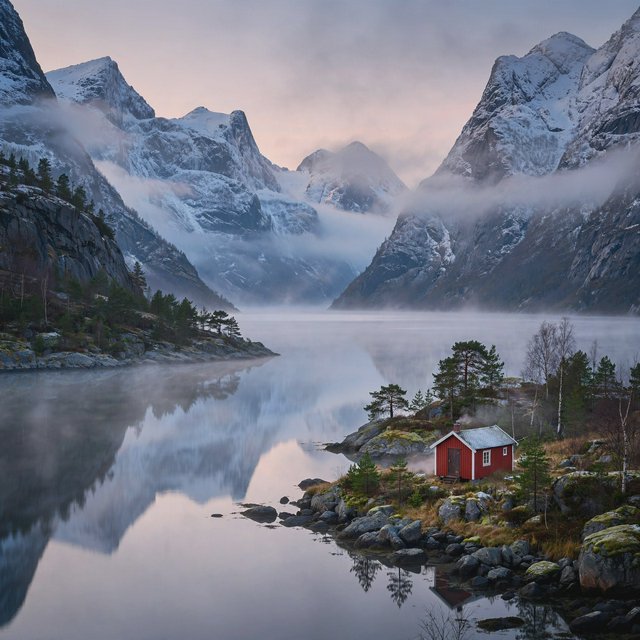 A Norwegian fjord at dawn, mist over still water, a single red cabin on the shore, snow on the peaks, wide angle. — Muse Image 1.0