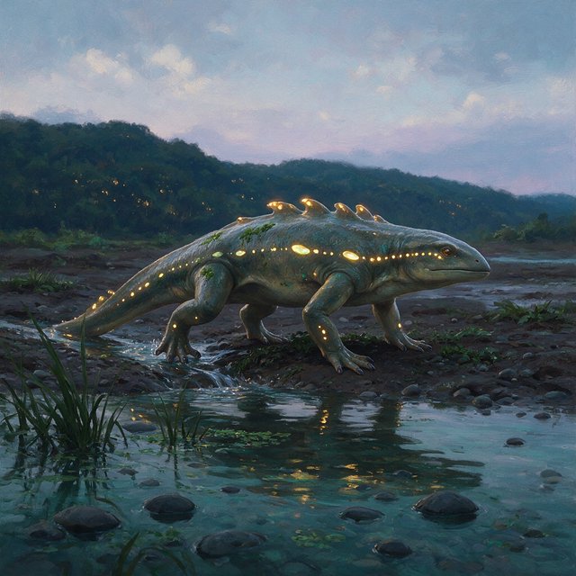 Creature design: a six-legged amphibious grazer with bioluminescent markings, shown on a riverbank, painterly. — Seedream 5.0 Pro