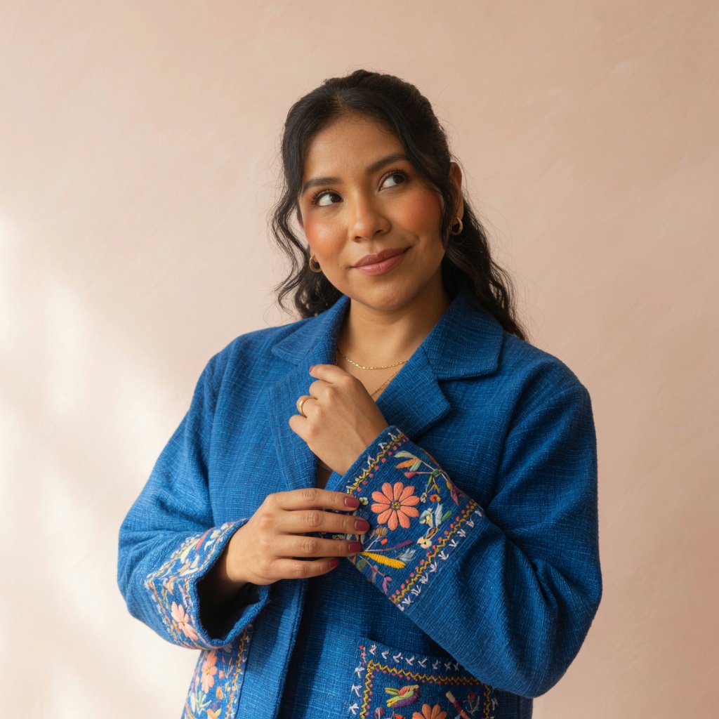 Fashion portrait of an adult Latina woman in her late 20s wearing a handwoven cobalt-blue cotton jacket, one hand touching its embroidered cuff, curious half-smile, against a pale peach studio backdrop, soft diffused window light shaping her face. — Grok Imagine Image Quality