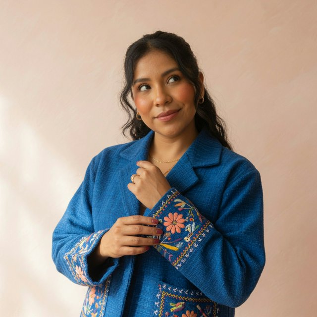 Fashion portrait of an adult Latina woman in her late 20s wearing a handwoven cobalt-blue cotton jacket, one hand touching its embroidered cuff, curious half-smile, against a pale peach studio backdrop, soft diffused window light shaping her face. — Grok Imagine Image Quality
