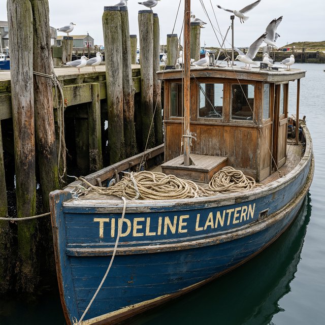 At a quiet harbor, a weathered wooden ferry rests beside slick pilings, ropes coiled on deck as gulls wheel overhead; "TIDELINE LANTERN" is painted in faded ivory letters along the blue hull. — Qwen Image 3.0 Pro