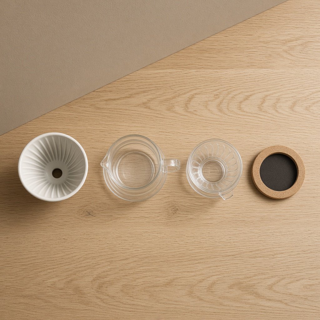 From directly overhead, an unbranded pour-over coffee set with ribbed porcelain and clear borosilicate components arranged in sequence on pale oak; warm taupe background, broad diffused softbox light and gentle side fill shape this commercial product image, no lettering. — Grok Imagine Image 2