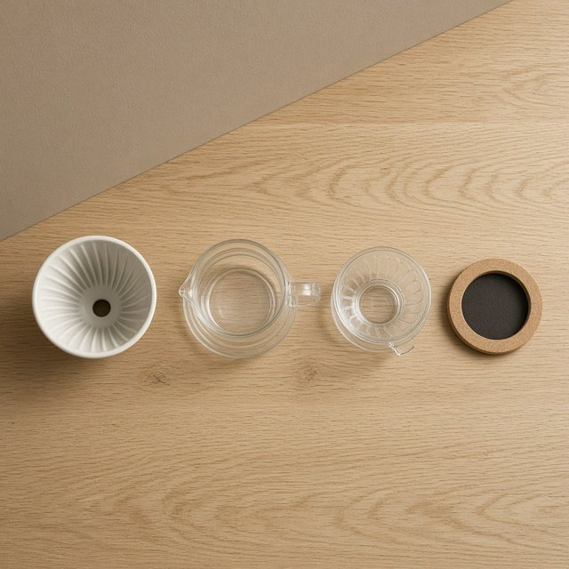 From directly overhead, an unbranded pour-over coffee set with ribbed porcelain and clear borosilicate components arranged in sequence on pale oak; warm taupe background, broad diffused softbox light and gentle side fill shape this commercial product image, no lettering. — Model 5