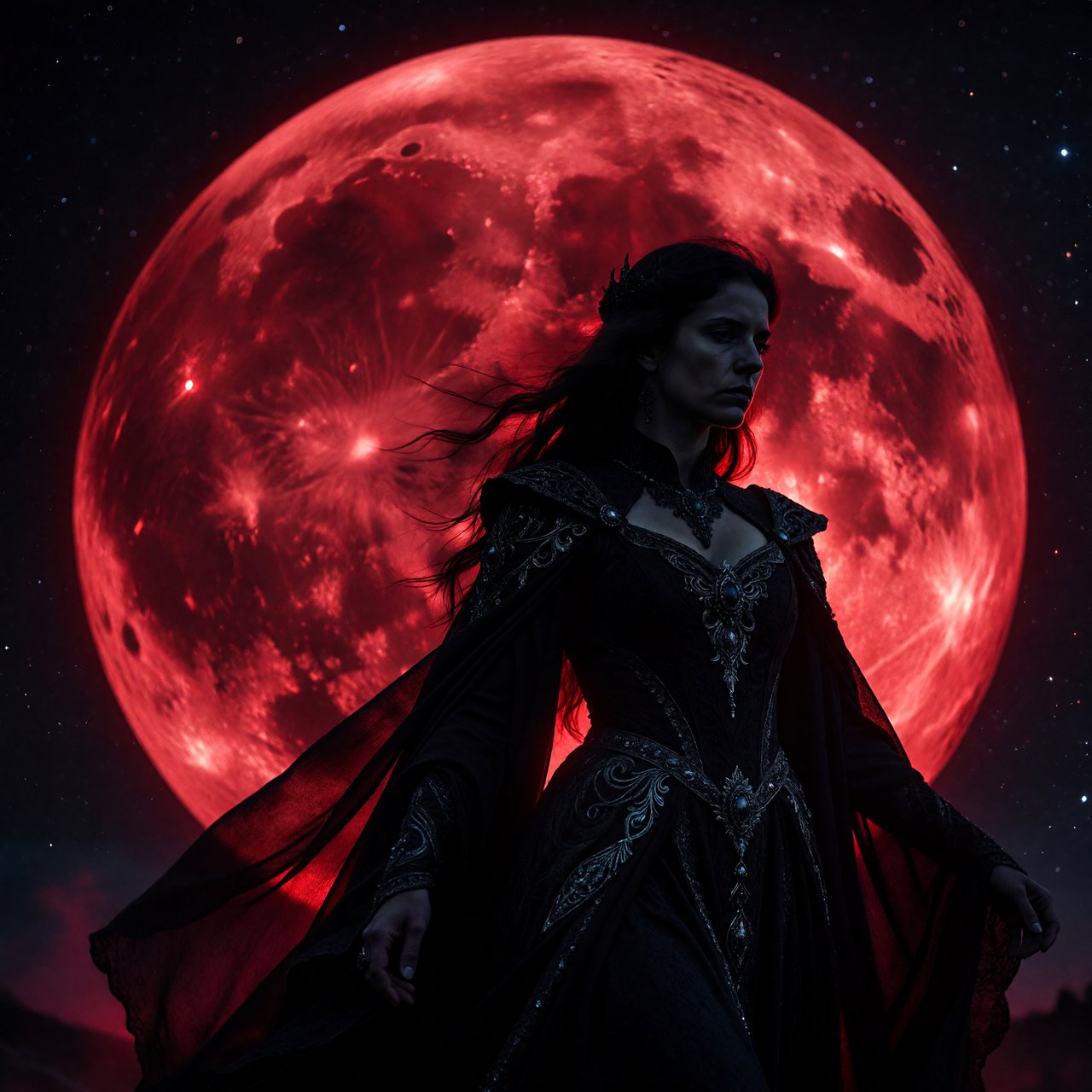 Captivating gothic goddess silhouetted against a blood red moon. Long dark hair blowing in a gentle breeze. Dramatic make-up. Ethereal black garment with silver details billowing in the breeze. Pensive expression. — ImagineArt 1.5 Pro