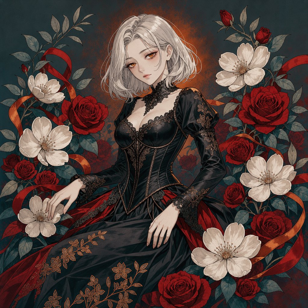 An elegant gothic woman sits sideways among oversized ivory blossoms, crimson roses, and dark teal foliage, turning toward the viewer with half-lidded amber eyes. She has a softly waved silver-white bob and a fitted black gown with lace, embroidered sleeves, and a sculpted corset. Deep-teal skirt folds reveal crimson lining and burnt-orange embroidery. Crimson ribbons with orange edging weave through the flowers, leaving breathing room around her pale face and hands. A deep-teal background fades into charcoal, with muted burnt-orange light behind her head, faint crimson haze below, and botanical shadows. Fine ordered dithering, delicate checkerboard patterns, and clustered pigment grains soften background transitions only; the woman and flowers remain smoothly painted. Crimson, deep teal, glowing orange, lacquer black, and warm ivory palette. Soft frontal fill, luminous hair, readable black fabric, subtle orange rim light, refined gothic anime, precise linework, dramatic floral framing — FLUX 3 Image