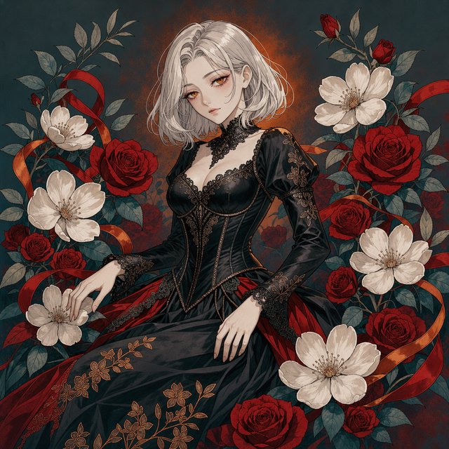 An elegant gothic woman sits sideways among oversized ivory blossoms, crimson roses, and dark teal foliage, turning toward the viewer with half-lidded amber eyes. She has a softly waved silver-white bob and a fitted black gown with lace, embroidered sleeves, and a sculpted corset. Deep-teal skirt folds reveal crimson lining and burnt-orange embroidery. Crimson ribbons with orange edging weave through the flowers, leaving breathing room around her pale face and hands. A deep-teal background fades into charcoal, with muted burnt-orange light behind her head, faint crimson haze below, and botanical shadows. Fine ordered dithering, delicate checkerboard patterns, and clustered pigment grains soften background transitions only; the woman and flowers remain smoothly painted. Crimson, deep teal, glowing orange, lacquer black, and warm ivory palette. Soft frontal fill, luminous hair, readable black fabric, subtle orange rim light, refined gothic anime, precise linework, dramatic floral framing — FLUX 3 Image