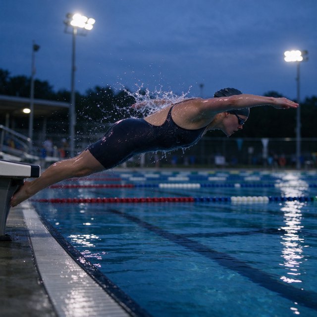 Under the blue-hour floodlights, an adult swimmer drives off the starting block into an outdoor pool. A real-world sports press photo, shot at 200mm with shallow depth of field, captures beads of water suspended around her shoulder. — Seedream 5.0 Flash