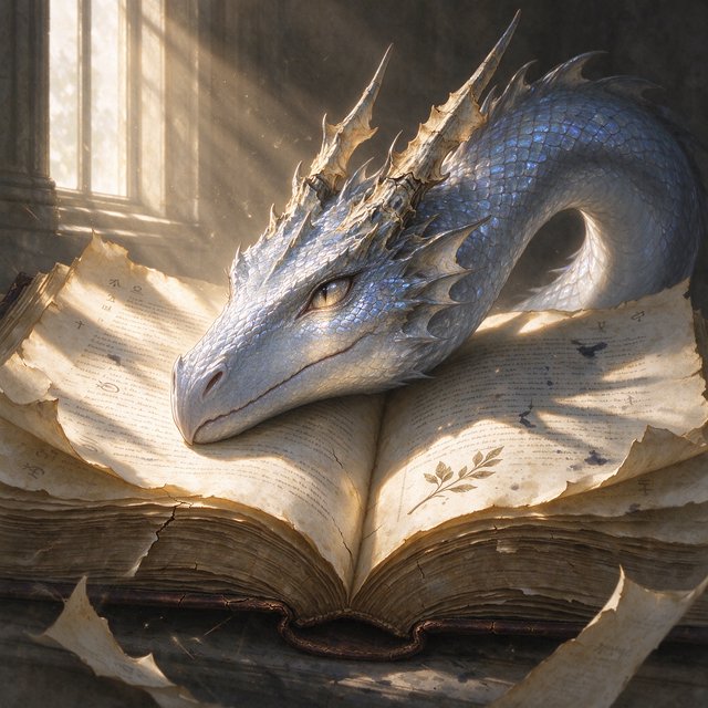 A mystical dragon's head, slender and dreamy, rests upon the yellowed pages of an ancient tome, the cover worn and mysterious, as soft warm light pours in through a nearby window, casting a serene ambiance, the air thick with the scent of old parchment and forgotten knowledge. — Seedream 5.0 Flash