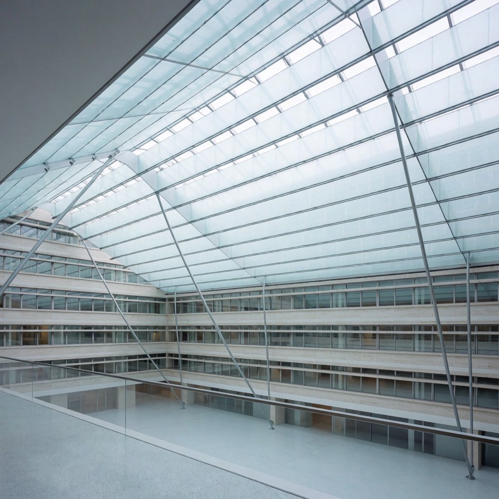 A soaring civic atrium in contemporary Italian Rationalist style pairs pale travertine, bronze mullions, and terrazzo beneath a glazed roof; cool morning light falls from above, viewed from a mezzanine, with aligned bays and credible supports. — Krea 2 Medium