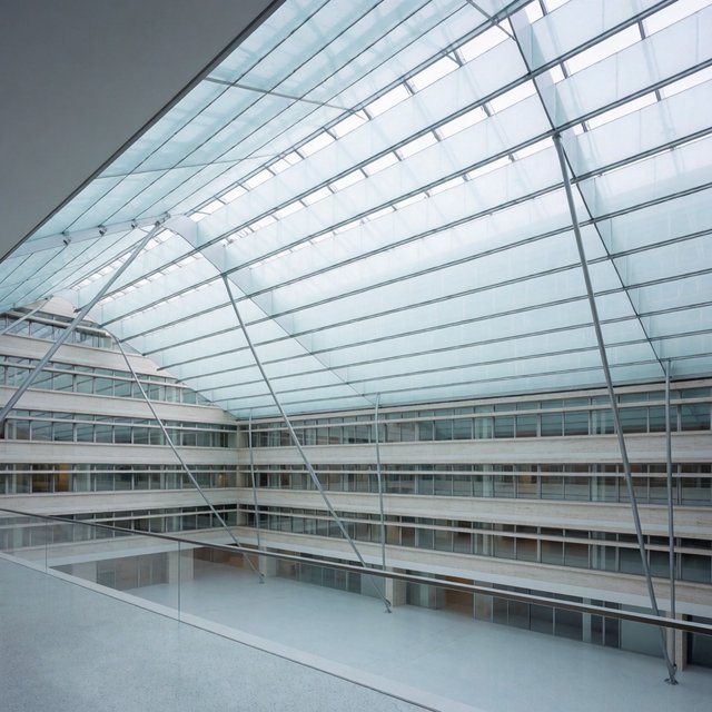A soaring civic atrium in contemporary Italian Rationalist style pairs pale travertine, bronze mullions, and terrazzo beneath a glazed roof; cool morning light falls from above, viewed from a mezzanine, with aligned bays and credible supports. — Krea 2 Medium