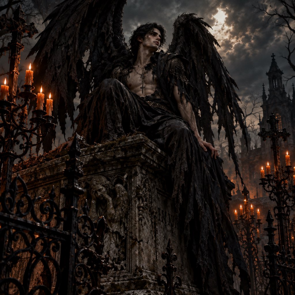 A majestic fallen angel with wings like a dark, tattered cloak, poses dramatically on a crumbling, Victorian-era inspired graveyard tomb, surrounded by twisted, black ironwork and flickering, orange candelabras, as if plucked from a haunting, nightmare. — GPT Image 2.5 Flare