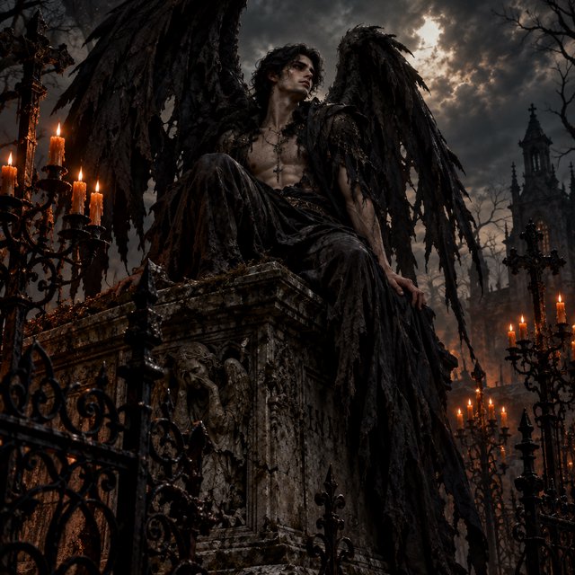 A majestic fallen angel with wings like a dark, tattered cloak, poses dramatically on a crumbling, Victorian-era inspired graveyard tomb, surrounded by twisted, black ironwork and flickering, orange candelabras, as if plucked from a haunting, nightmare. — GPT Image 2.5 Flare