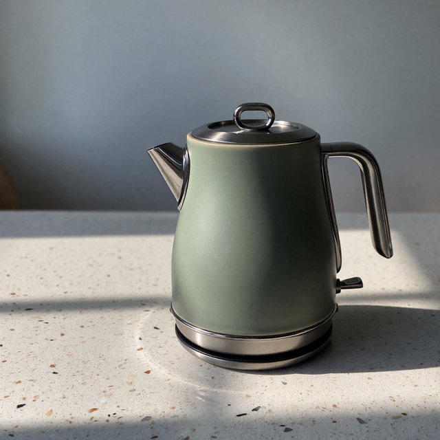 Commercial product photograph of an unbranded electric kettle made from matte sage ceramic and brushed stainless steel, resting on a white terrazzo surface against a pale blue background, with soft window light from the left and a delicate grounding shadow. — ImagineArt 1.5 Pro