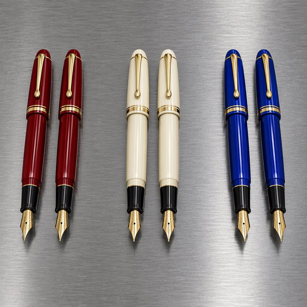 Across a brushed steel counter, exactly six fountain pens rest in three groups: two crimson pens on the left, two ivory pens in the center, and two cobalt pens on the right; nothing else. — GPT Image 2.5 Flare