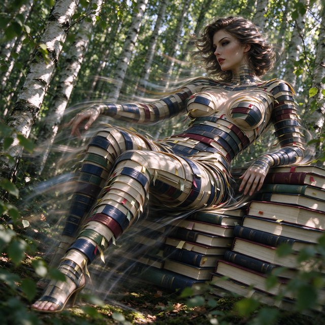 Create an adult odalisque entirely made of anthologies. The odalisque is formed from an anthology, with movement and motion blur that clearly shows its composition. The material should appear high quality, with dappled sunlight. The background is a birch forest, and the overall mood is Futurism. — Seedream 5.0 Flash