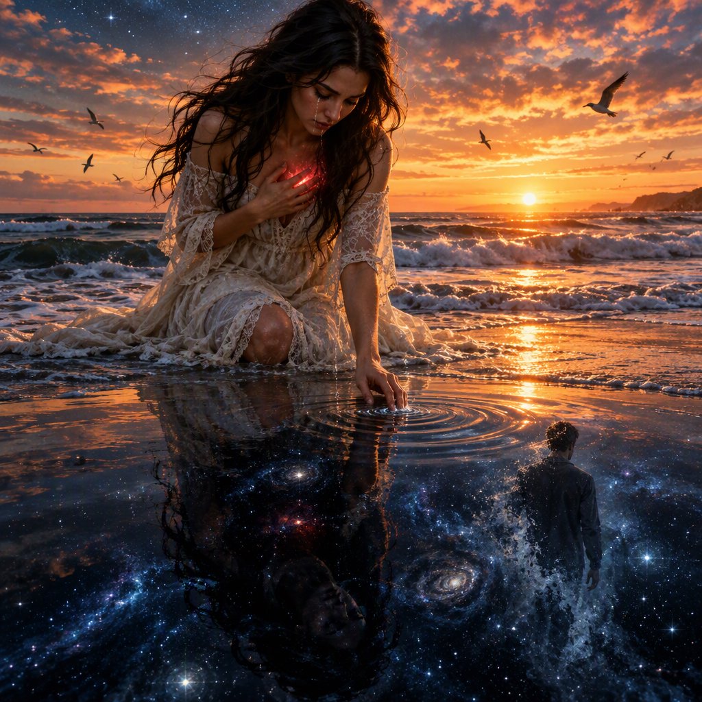 Cinematic, photorealistic artwork of a sorrowful young woman in a flowing ivory lace dress kneels in shallow surf at the waterline during sunset. Her long, windblown dark hair frames her downcast face; a tear flows down her cheek and into the water, one hand presses against her chest, glowing faintly crimson to suggest her still-beating heart, while her other fingertips touch the water. The world behind her remains beautiful: a golden sun shines over restless waves, seabirds cross the sky, and fiery peach clouds fade into star-filled indigo. In the wet sand, her reflection becomes a dark cosmic void. Stars ripple around a fading, ghostlike image of her partner deserting her and dissolving into darkness. The tear forms concentric ripples, disturbing an entire universe. Contrast warm golden life above with cool blue-black devastation below. Natural cinematic lighting, detailed water reflections, realistic anatomy, restrained grief. No text, borders, or collage. — GPT Image 2.5 Flare